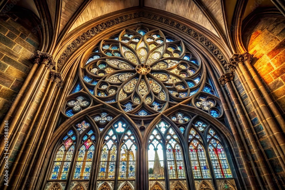 Fototapeta premium Stunning Gothic Cathedral Window in Black Vector Frame - Tilt-Shift Photography Effect