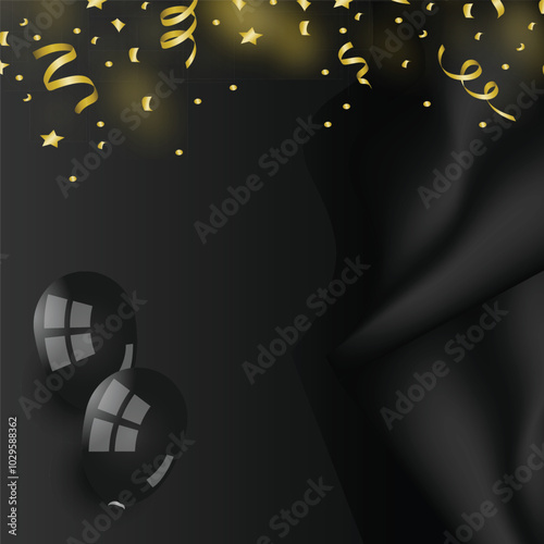 Abstract black silk curtains with confetti and balloons banner design