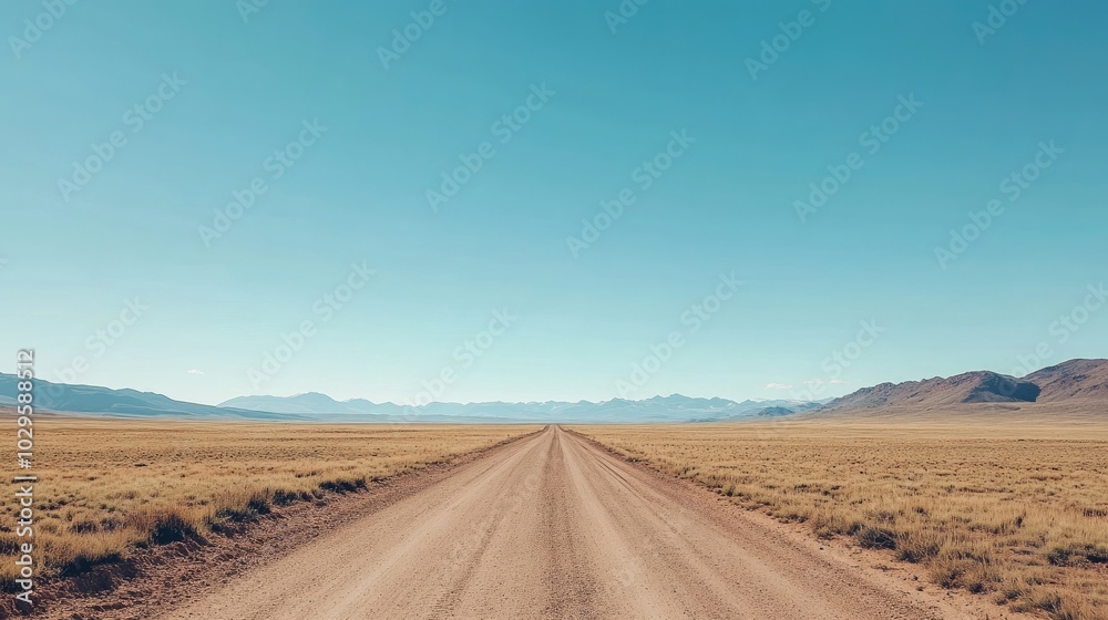 A vast desert landscape with a dirt road leading into the horizon under a clear blue sky, symbolizing adventure. High resolution illustration A vast desert landscape with a dirt road leading into the horizon under a clear blue sky, symbolizing adventure. High resolution illustration