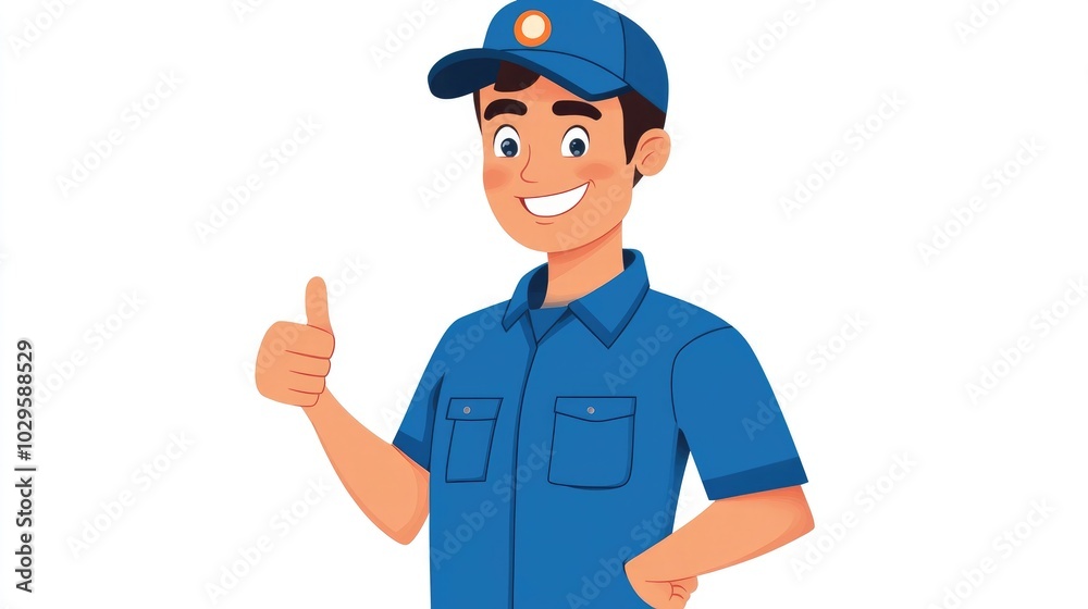 A worker in a blue uniform gives a thumbs up, smiling cheerfully, showing satisfaction in the workplace. High resolution illustration A worker in a blue uniform gives a thumbs up, smiling cheerfully, showing satisfaction in the workplace. High resolution illustration