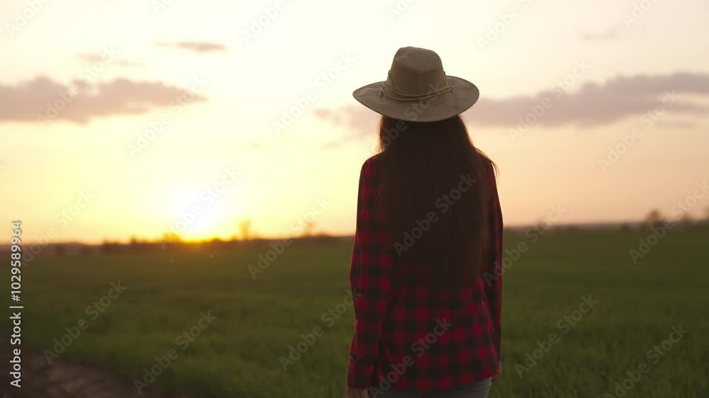 farmer walking along road sunset. work field with green wheat sprouts. agriculture.farming concept. feet rubber boots agronomist walk agriculture farm. work farm rural man. woman farmer hat sunset. farmer walking along road sunset. work field with green wheat sprouts. agriculture.farming concept. feet rubber boots agronomist walk agriculture farm. work farm rural man. woman farmer hat sunset.