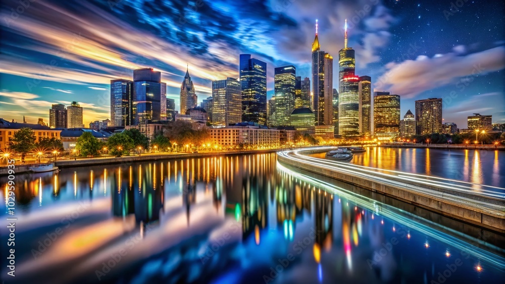 Fototapeta premium Stunning Long Exposure Panorama of a Vibrant City Skyline at Night with Light Trails and Reflections