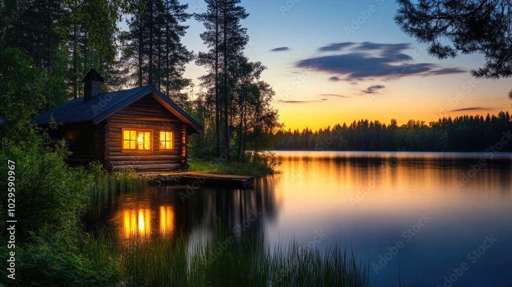 Cozy wooden cabin with illuminated windows at sunset, sitting by a tranquil lake. High resolution illustration