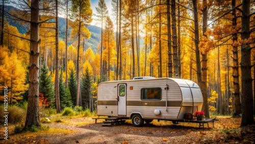 A white camper van parked in a forest with yellow autumn leaves. The perfect spot for a cozy getaway.