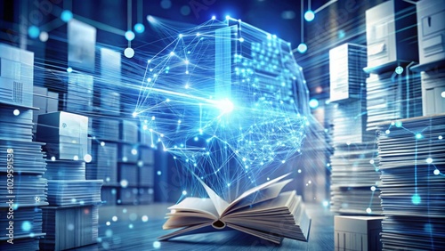 A glowing digital brain hovers over an open book in front of stacks of files, representing the vast knowledge available in the digital age.