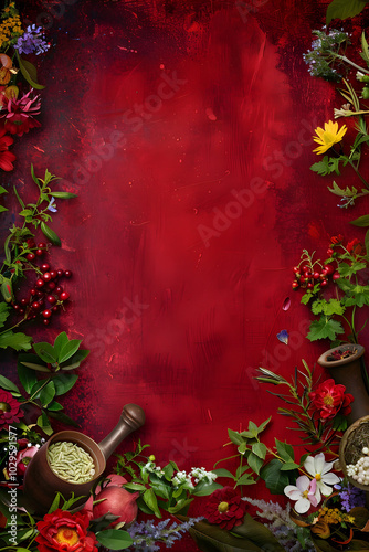 Top down view of a red-painted background with herbs and flowers around the edges