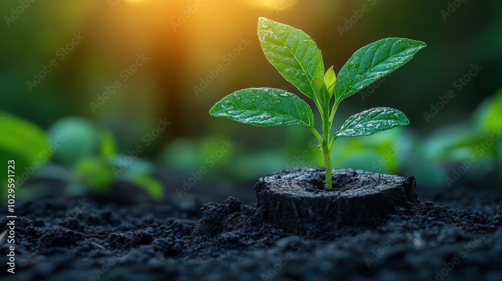 Sprout growing from a tree stump on a blurred green forest background Sprout growing from a tree stump on a blurred green forest background
