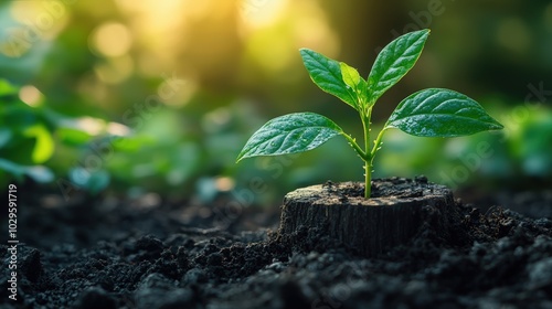 Sprout growing from a tree stump on a blurred green forest background