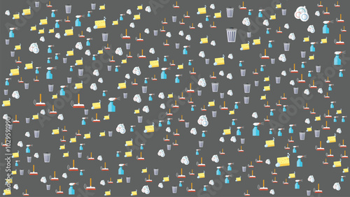 Abstract background contains Clean icon a broom, trash can, plate, sprayer, dishwashing sponge with outline suitable for banner or marketing poster about activities house cleaning