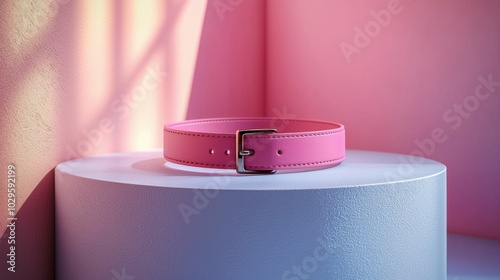 A fashionable pink belt placed on a minimalist round pedestal, set against a soft gradient backdrop in shades of pink. Ideal for fashion branding.