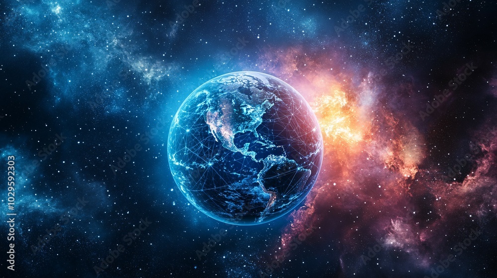 Fototapeta premium Earth with Network Connections Surrounded by Stars and Nebulae