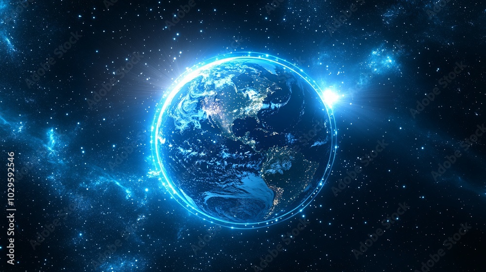 Earth with glowing blue ring in a starry universe Earth with glowing blue ring in a starry universe