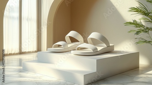 The image features a pair of elegant white sandals displayed on a minimal pedestal in a bright, airy room. Perfect for modern footwear styling.