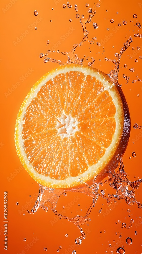 Orange Slice Splashing in Water on an Orange Background Orange Slice Splashing in Water on an Orange Background