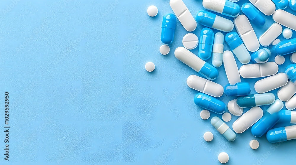 Blue and White Pills Scattered on Light Blue Surface Blue and White Pills Scattered on Light Blue Surface