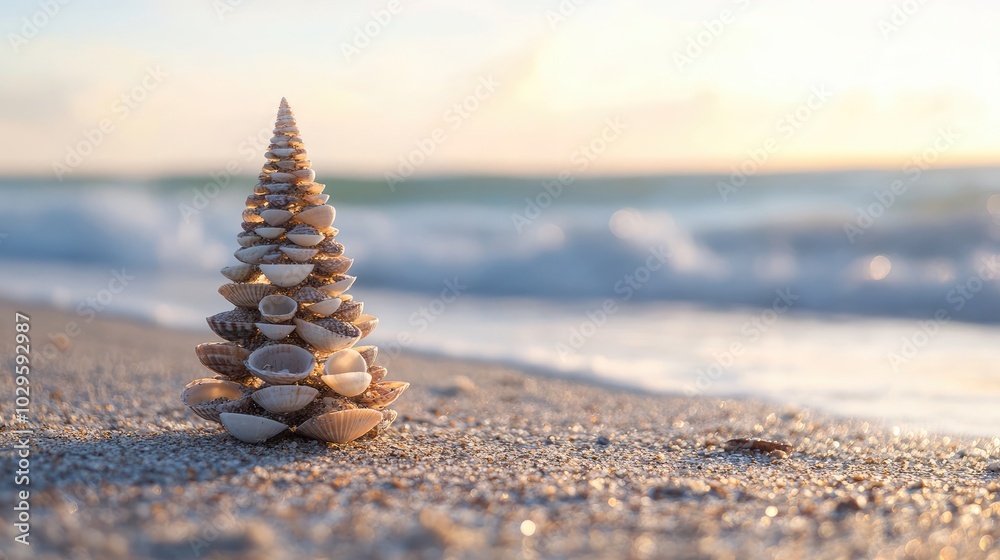 Obraz premium Christmas Tree Sea Shell Tower Structure on Sandy Beach at Sunset by the Ocean Waves Generative AI