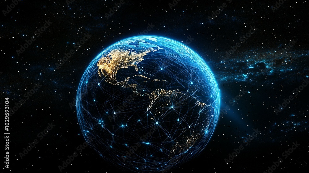 A Blue Earth Globe With A Network Of Lines Connecting Cities And Countries In Space With Stars
