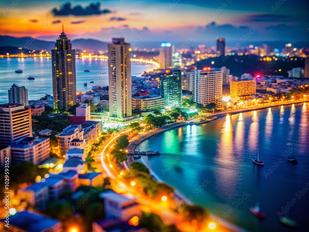 Obraz premium Stunning Night View of Pattaya City with Glittering Lights - A Tilt-Shift Photography Perspective