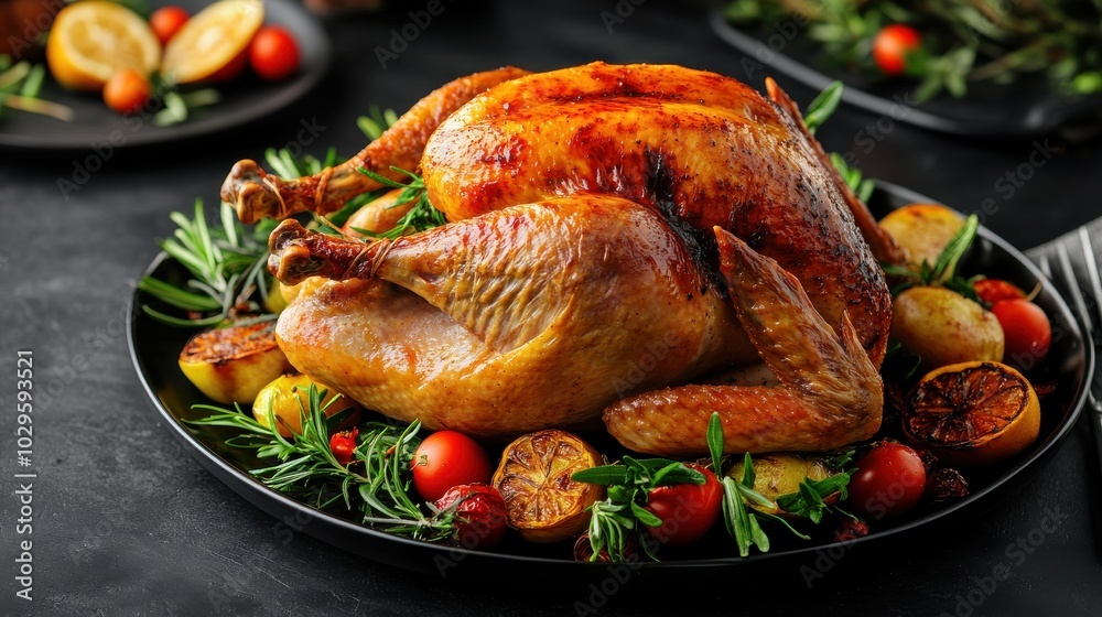 A beautifully roasted turkey garnished with herbs, tomatoes, and citrus on a dark platter. A beautifully roasted turkey garnished with herbs, tomatoes, and citrus on a dark platter.