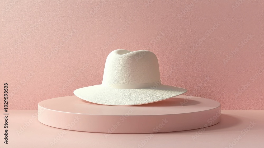 A beautifully designed white hat resting on a soft pink pedestal, showcasing a minimalistic and elegant style suitable for various occasions. A beautifully designed white hat resting on a soft pink pedestal, showcasing a minimalistic and elegant style suitable for various occasions.