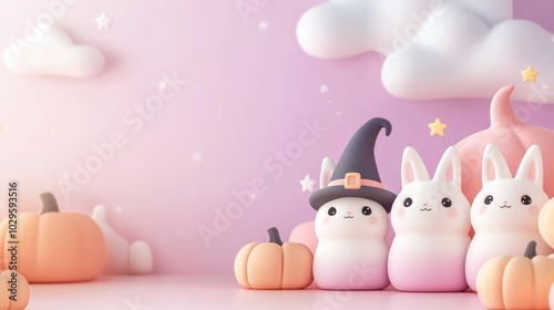 Adorable pastel bunnies in a whimsical Halloween setting with pumpkins and stars, AI