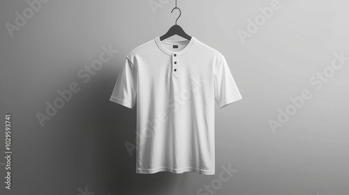 A minimalist design featuring a white short-sleeve t-shirt hanging on a hook against a neutral background. Perfect for casual wear. photo