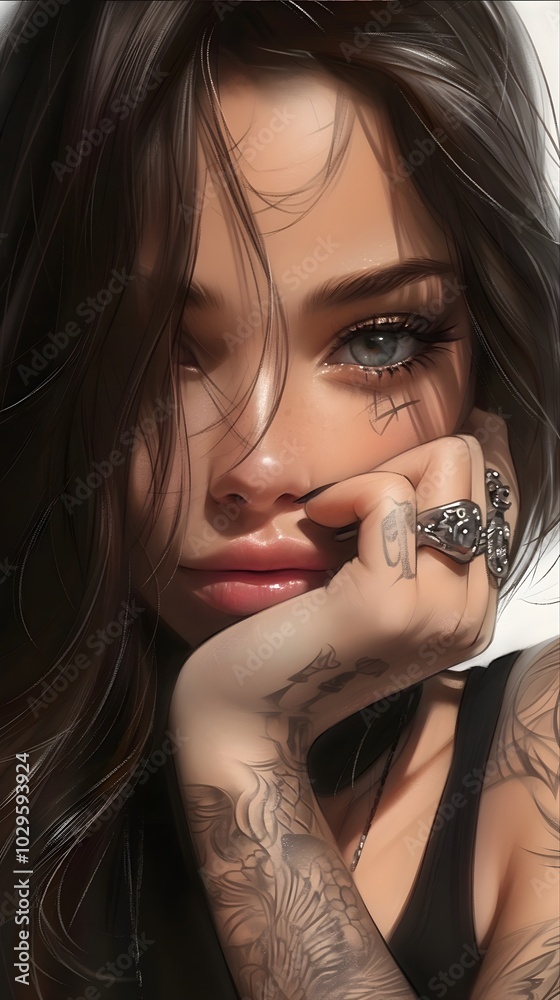 Obraz premium beautiful woman s face see from front action pose , tattoo design, hyperrealistic, impact art, white background