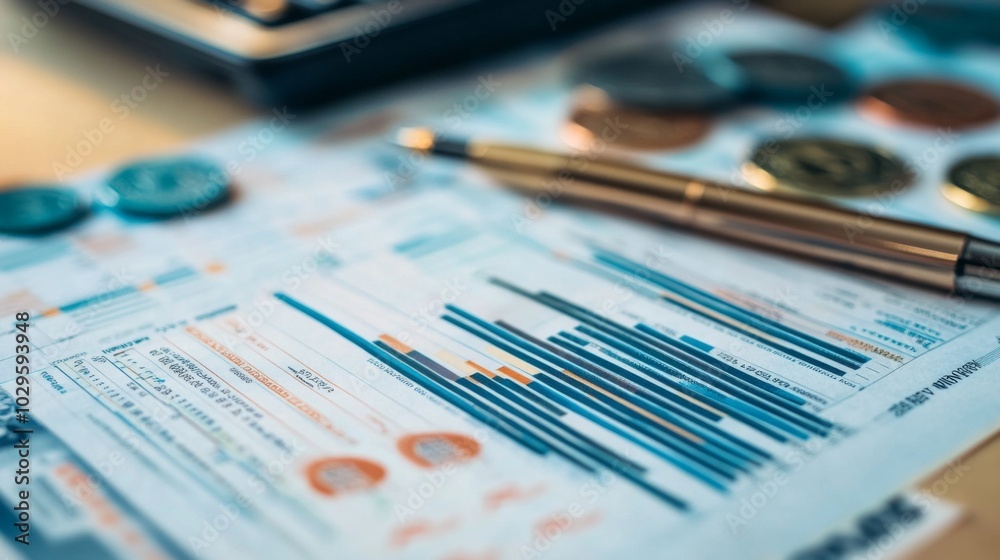 A collection of financial documents, charts, cryptocurrency coins, and a calculator, emphasizing investment and economic analysis.