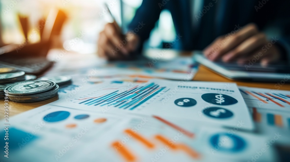 close-up view of a business professional analyzing reports and charts, surrounded by coins and financial documents on a wooden desk. close-up view of a business professional analyzing reports and charts, surrounded by coins and financial documents on a wooden desk.