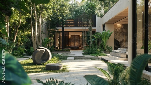Modern minimalist courtyard adorned with contemporary sculptures and lush greenery, exuding luxury. High resolution illustration