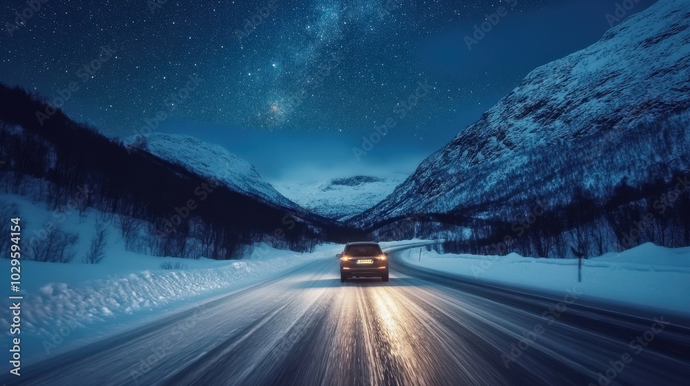 A car driving through a snowy mountain road under a starry night sky. A car driving through a snowy mountain road under a starry night sky.