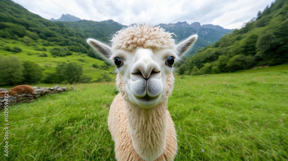 Curious alpaca gazes into the camera amidst lush green hills and distant mountains, AI Curious alpaca gazes into the camera amidst lush green hills and distant mountains, AI