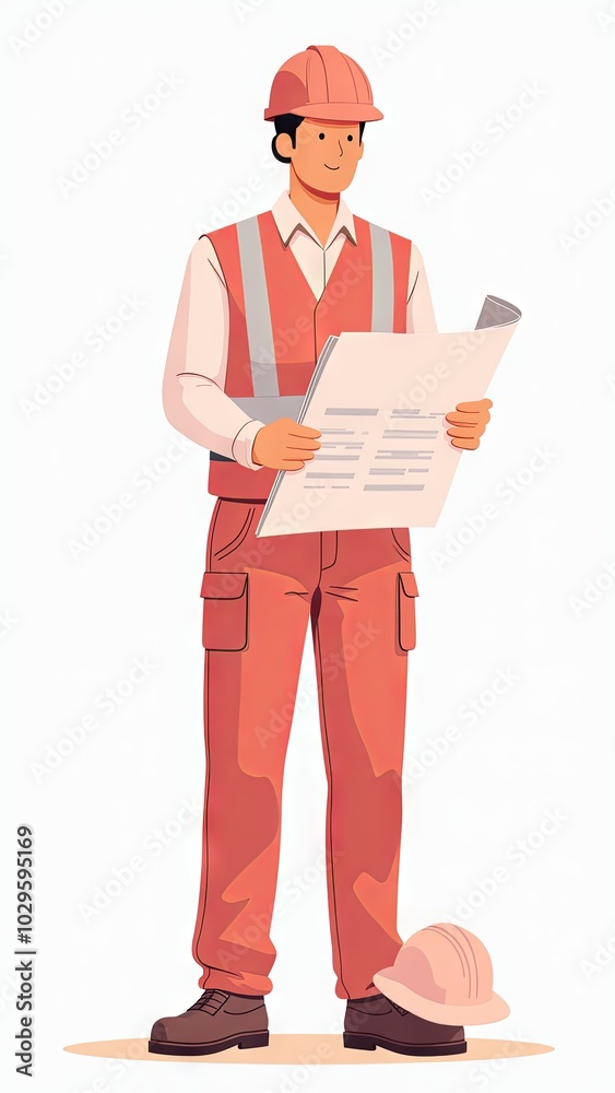 Generative, AI, Stylized construction worker in orange safety gear reviewing blueprints. Vector illustration of male figure in hardhat and reflective vest.
Generative, AI, Stylized construction worker in orange safety gear reviewing blueprints. Vector illustration of male figure in hardhat and reflective vest.
