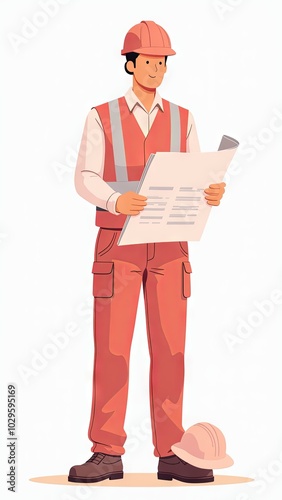 Generative, AI, Stylized construction worker in orange safety gear reviewing blueprints. Vector illustration of male figure in hardhat and reflective vest. 