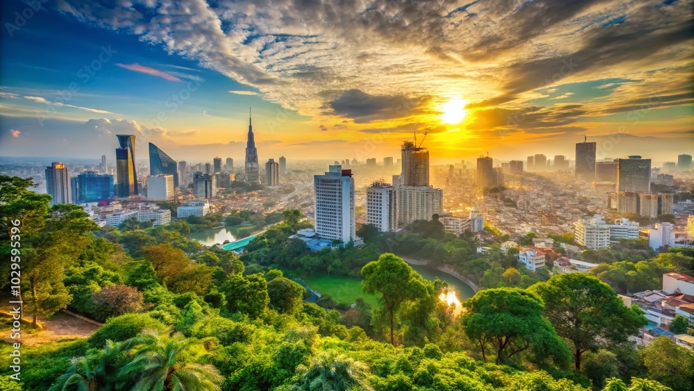 Obraz premium Stunning Saigon Summer Panorama with Bokeh Effect - Captivating Cityscape Views from the Hilltop