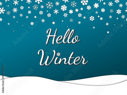 hello winter template. minimalistic card with snowflakes randomly fall from above and snowdrifts below on blue background. simple cute vector illustration. for backdrop, greeting, invitation, poster