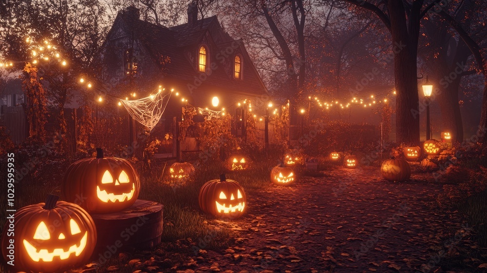 Spooky autumn yard scene with jack-o-lanterns, cobwebs, and glowing lights creating a haunted house atmosphere. High resolution illustration Spooky autumn yard scene with jack-o-lanterns, cobwebs, and glowing lights creating a haunted house atmosphere. High resolution illustration