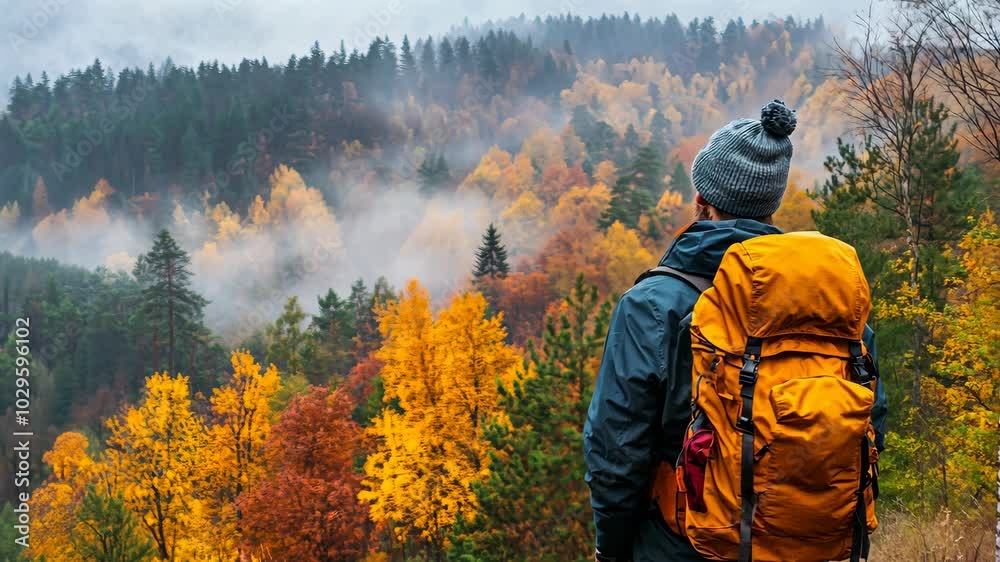 Hiker Admires Autumnal Forest Hiker Admires Autumnal Forest