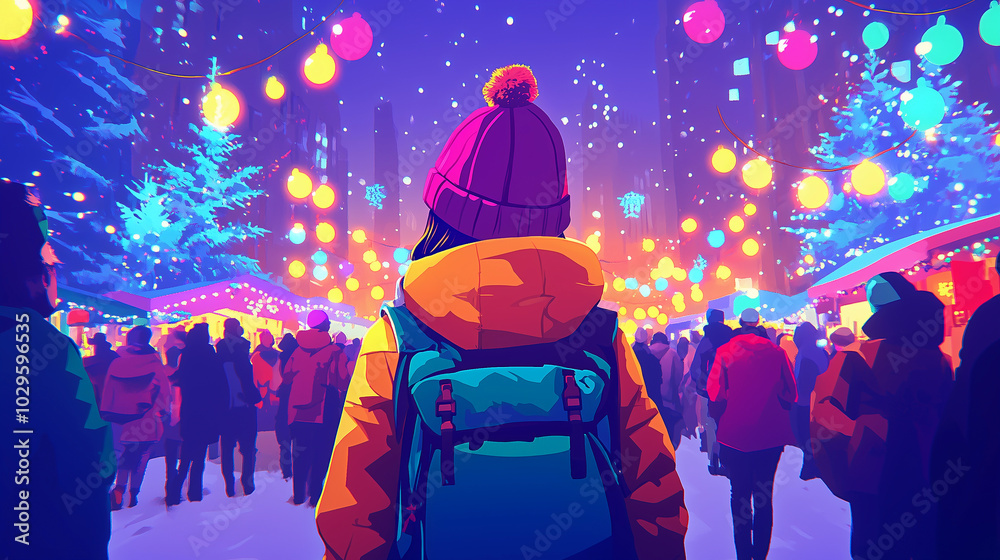 illustration of a young girl in winter attire with a backpack at a christmas party with vibrant colors and a background of yellow and pink lights