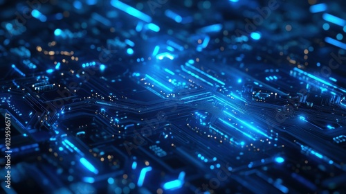 A close-up view of a blue-lit circuit board, showcasing intricate electronic pathways.