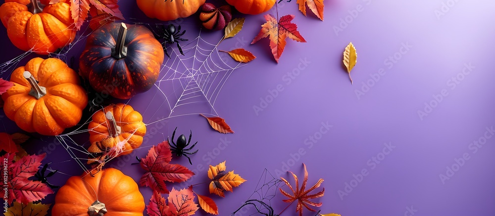 Halloween top view, pumpkins, spider web, autumn leaves on purple background, copy space. Halloween top view, pumpkins, spider web, autumn leaves on purple background, copy space.