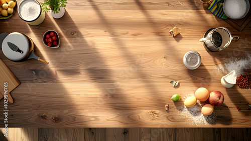  Top down view of a wooden table with baking items 