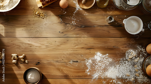  Top down view of a wooden table with baking items 