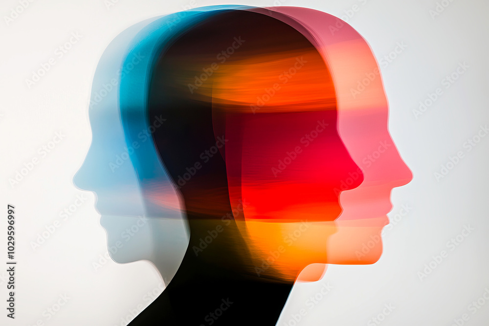 Overlapping human profiles in vivid blue, orange and red with motion blur. Abstract representation of emotional complexity, duality and mental states Overlapping human profiles in vivid blue, orange and red with motion blur. Abstract representation of emotional complexity, duality and mental states