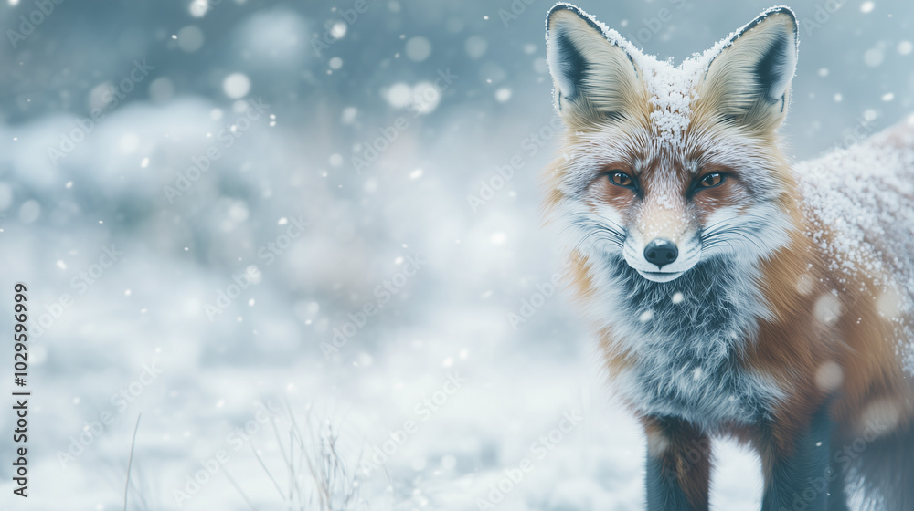 Fototapeta premium Red Fox in Winter Wonderland: A Close-Up Portrait