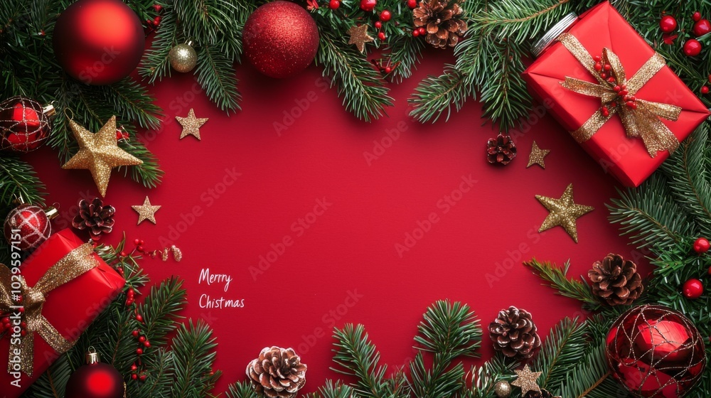 festive arrangement featuring red and green Christmas gifts surrounded by ornaments and greenery, with 