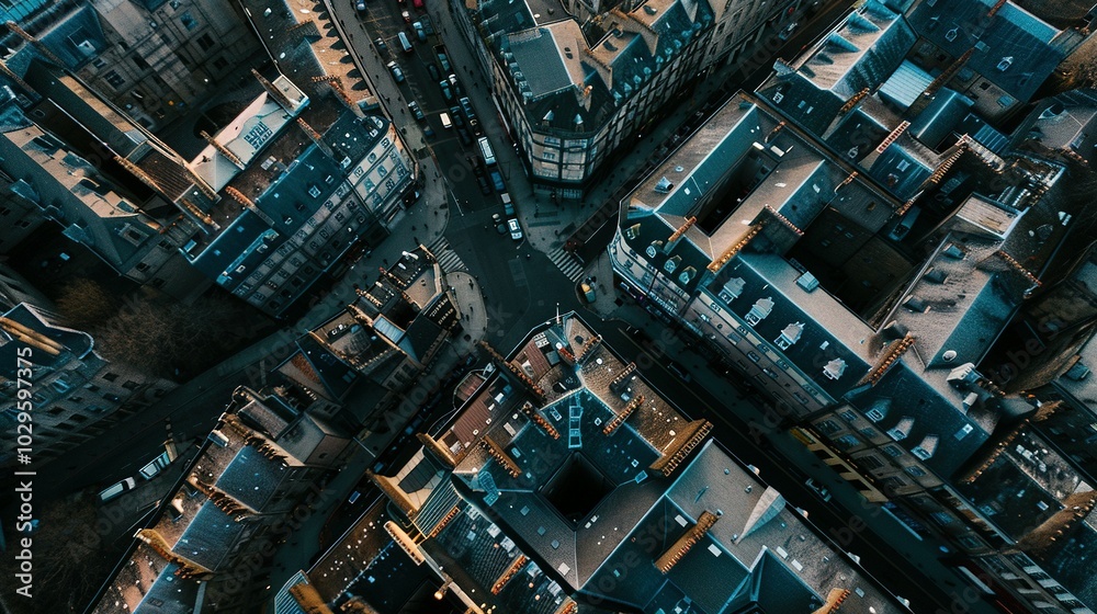 Aerial View of European Cityscape with Intersecting Streets and Buildings Aerial View of European Cityscape with Intersecting Streets and Buildings