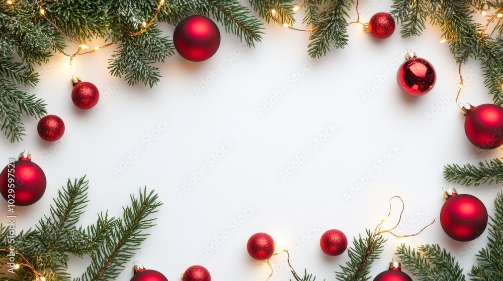 Festive arrangement of red Christmas ornaments and evergreen branches with soft glowing lights, creating a cheerful holiday atmosphere. copy space Festive arrangement of red Christmas ornaments and evergreen branches with soft glowing lights, creating a cheerful holiday atmosphere. copy space