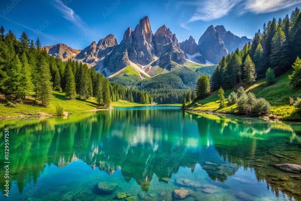 Stunning Turquoise Lake in Italian Dolomites with Pale di San Martino Mountain Background - Scenic Landscape Stunning Turquoise Lake in Italian Dolomites with Pale di San Martino Mountain Background - Scenic Landscape