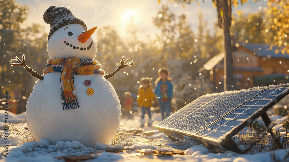 snowman with hat and scarf outdoors in a sustainable and renewable energy park with solar panels during winter season, caring for the environment